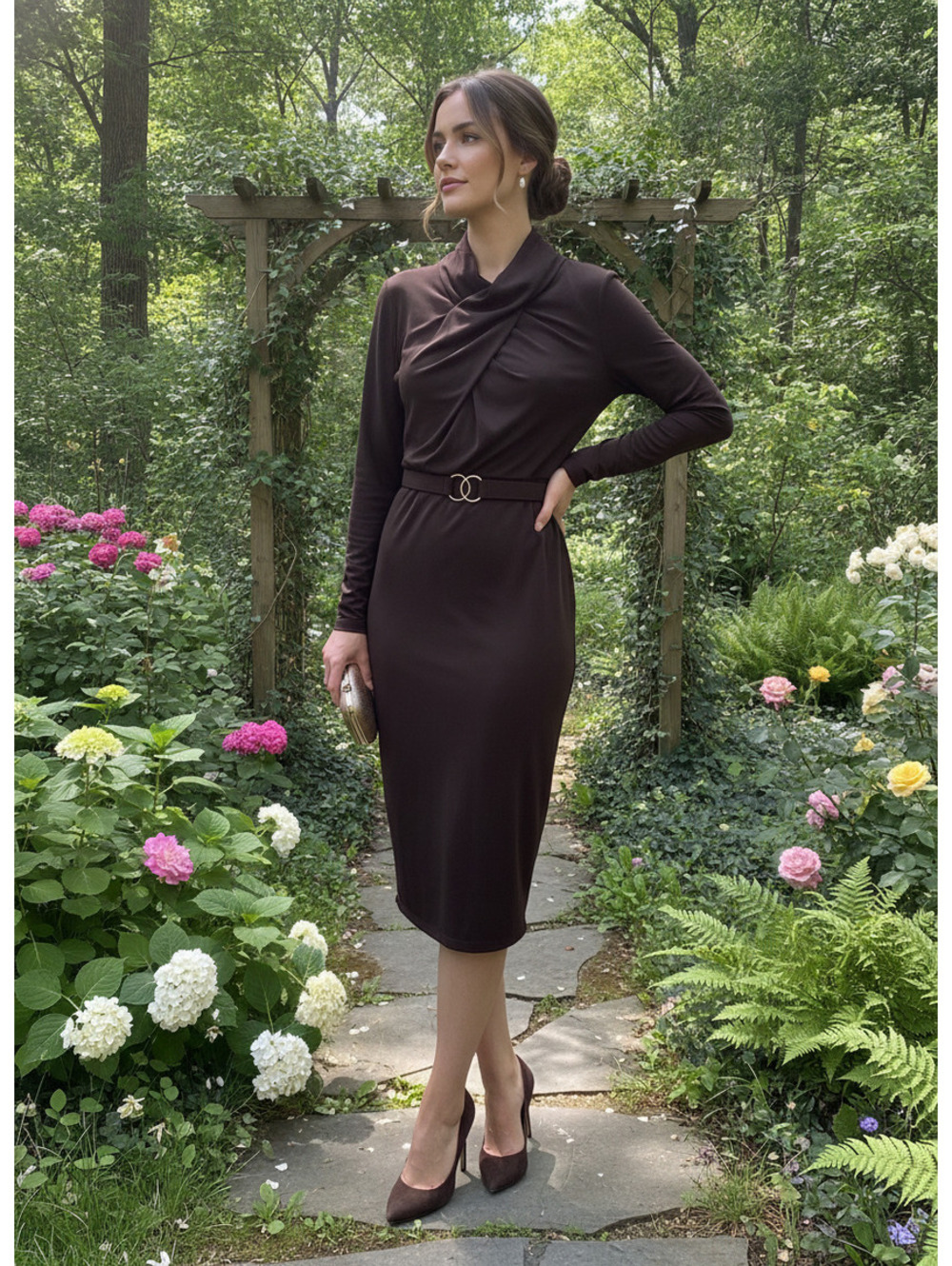 Lauren Ralph Lauren Brown Long Sleeve Midi Dress with Belt Size 10